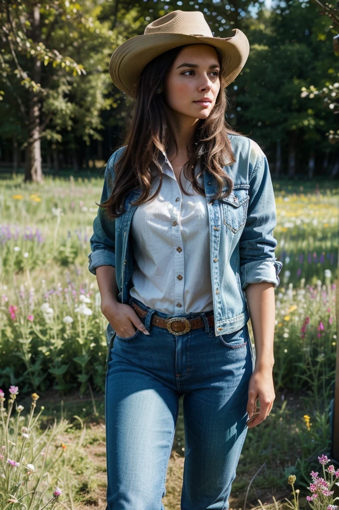 a beautiful brunette american girl, jeans, cowgirl, plaid shirt, denim jacket, cowgirl boots, standing in a field of flowers, sunlight streaming through the trees, photorealistic, highly detailed, 8k, masterpiece, natural lighting, vibrant colors, cinematic composition