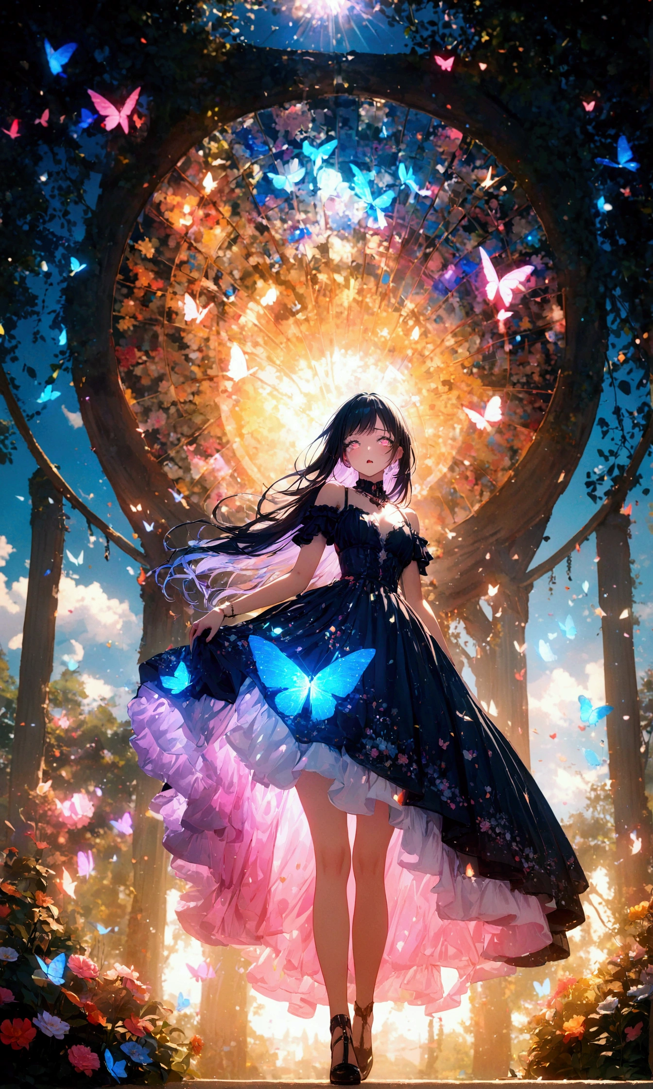 (woman\(student, 15 years old, ＪＫ, Long Hair, Colorful eyes, Pale skin，) Looking up at the sky), (Many butterflies flying in the sky), Beautiful sky, summer，Colorful flowers are blooming everywhere, Mysterious and dreamy ,Giant Tree，quality\(8K,CG wallpaper, masterpiece,High resolution,top-quality,Surrealism,Increased resolution,RAW Photos,Best quality,Very detailed,Light,Ray Tracing,Golden Ratio),black hair, longeyelashes, solid circle eyes, fake animal ears, ear blush, fang, furrowed brow, annoyed, drop shadow, anaglyph, stereogram, tachi-e, ass pov, atmospheric perspective, アニメ, 8K, super detail, best quality, uhd, textured skin, super detail, 8K