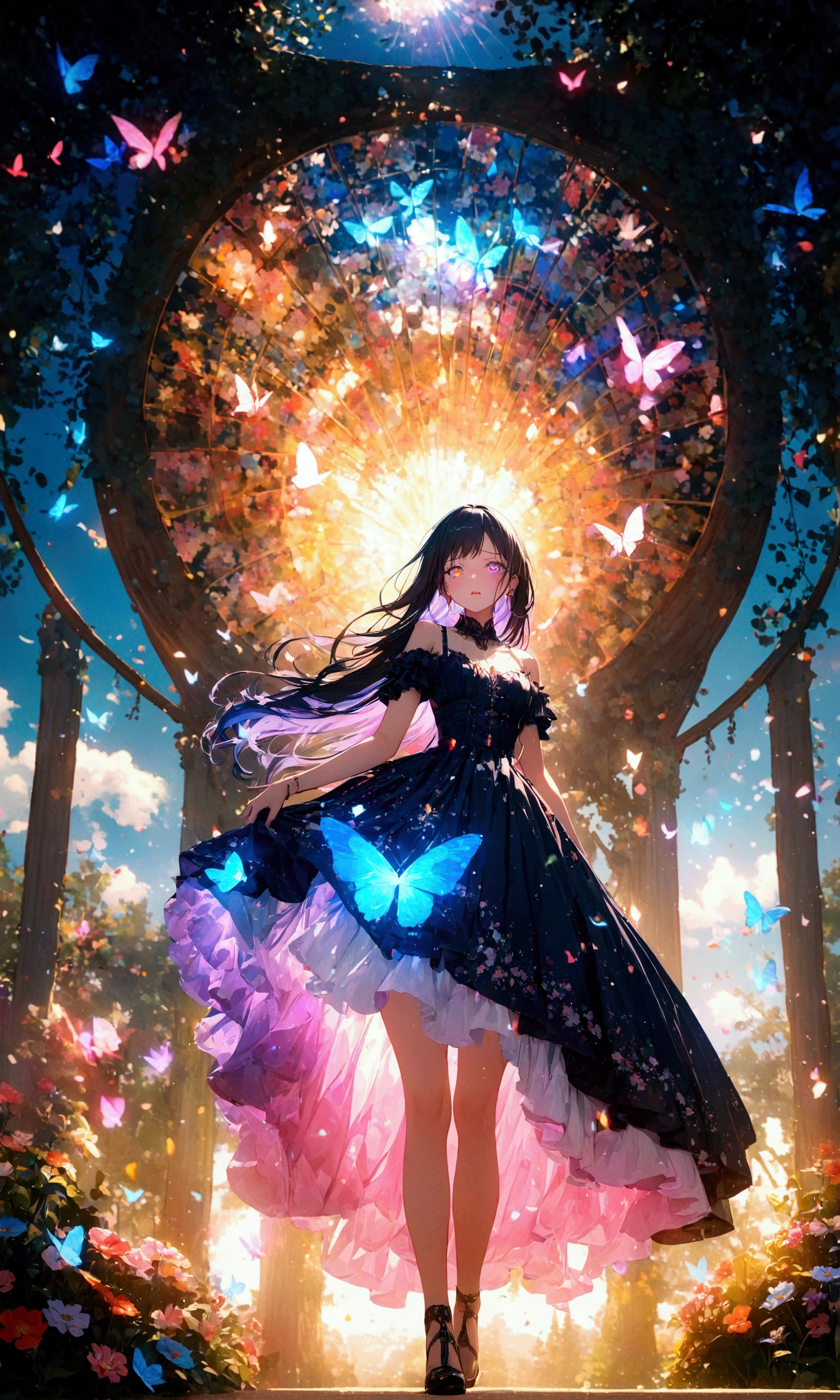 (woman\(student, s old, JK, Long Hair, Colorful eyes, Pale skin,) Looking up at the sky), (Many butterflies flying in the sky), Beautiful sky, summer,Colorful flowers are blooming everywhere, Mysterious and dreamy ,Giant Tree,quality\(8K,CG wallpaper, masterpiece,High resolution,top-quality,Surrealism,Increased resolution,RAW Photos,Best quality,Very detailed,Light,Ray Tracing,Golden Ratio),black hair, longeyelashes, solid circle eyes, fake animal ears, ear blush, fang, furrowed brow, annoyed, drop shadow, anaglyph, stereogram, tachi-e, ass pov, atmospheric perspective, アニメ, 8K, super detail, best quality, uhd, textured skin, super detail, 8K
