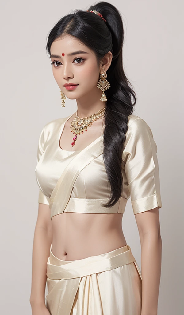 1girl, solo, long hair, indian traditional_attire, wearing silk saree, simple background, hair, black hair, white background, jewelry, ponytail, earrings, midriff, necklace