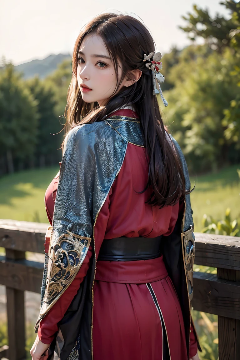 woman,masterpiece, Realistic, Highest quality, Super detailed, Hip Up,From the back, look back ,Long Hair, jewelry, Samurai Armor, Shogun&#39;s Armor,Straw Cape