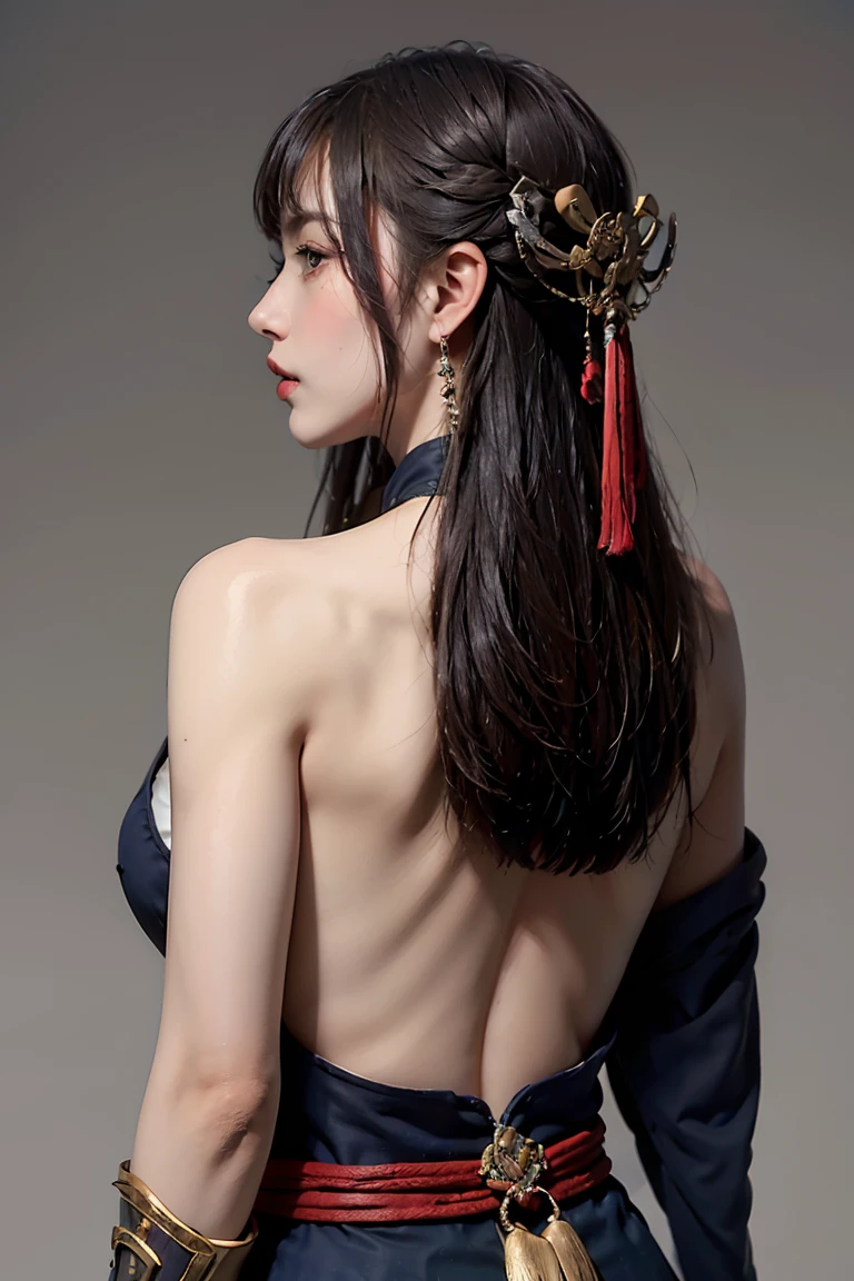 woman,masterpiece, Realistic, Highest quality, Super detailed, Hip Up,From the back, look back ,Long Hair, jewelry, Samurai Armor, Shogun&#39;s Armor,Straw Cape