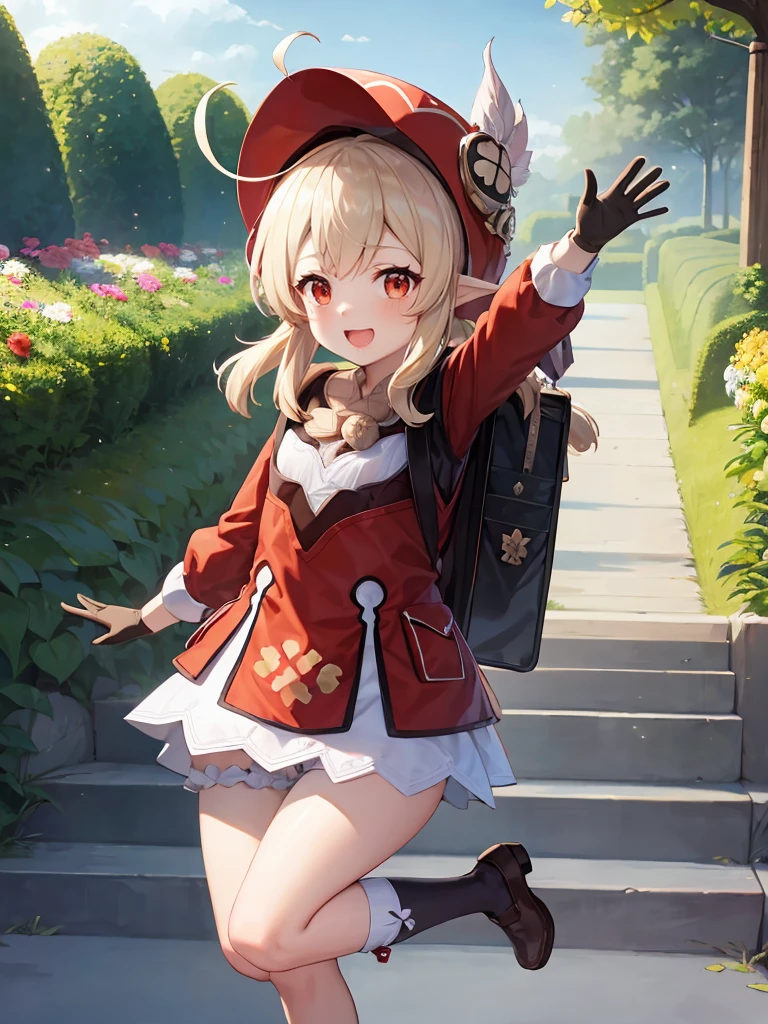 score_9, score_8_up, score_7_up, source_anime, 1girl, klee \(blossoming starlight\) \(genshin impact\), bloomers, black gloves, kneehighs, mary janes, witch hat, red skirt, white shirt, shawl, bag, waist apron, looking at viewer, smile, open mouth, full body, standing on one leg, waving, garden, outdoor, depth of field