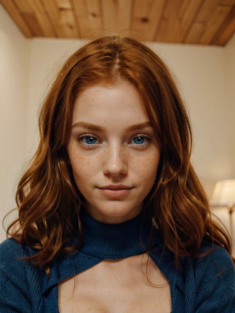 The most beautiful close, upper body portrait photo of a young, tall, beautiful happy ginger woman with long wavy ginger hair, beautiful blue eyes, cute freckles, in an elegant sweater