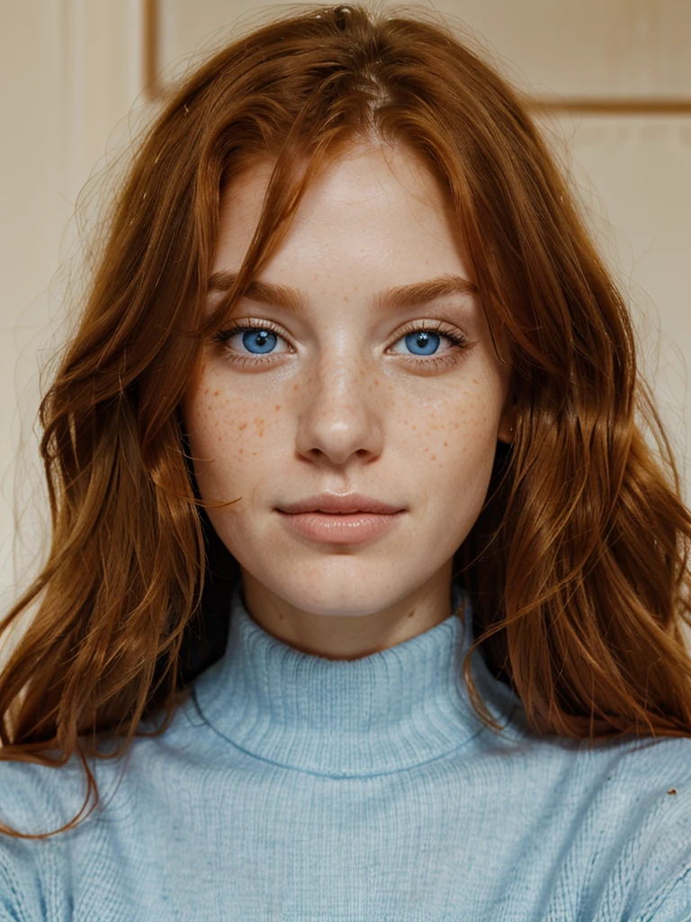 The most beautiful close, upper body portrait photo of a young, tall, beautiful happy ginger woman with long wavy ginger hair, beautiful blue eyes, cute freckles, in an elegant sweater
