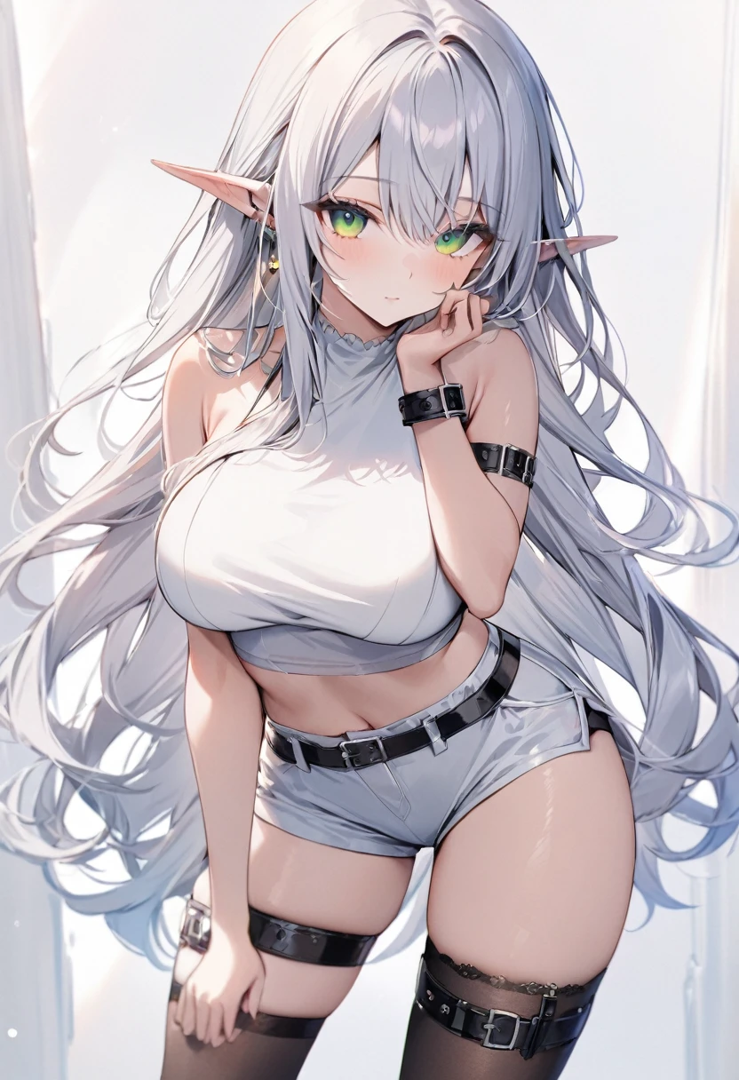 masterpiece, best quality, 1girl, solo, adult, light silver hair, long hair, earrings, green eyes, detailed face, white crop top, large breasts, shorts, stocking, arm belt, infront of viewer, empty look, an angel, has elf ears,