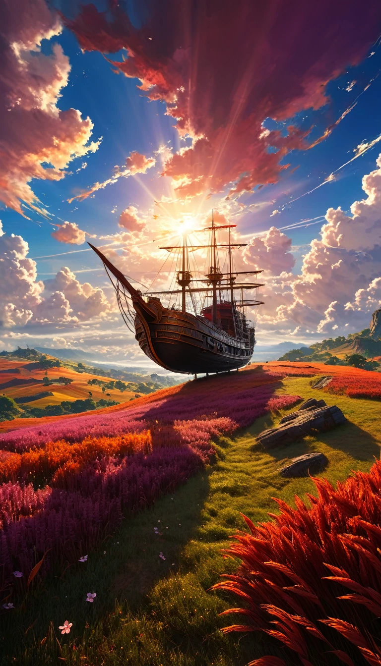 Masterpiece, high quality, 8K Ultra HD. The image shows a flying ship with a sunlight shining from the sky into it and the grassy hill, with a background of vibrant purple sky and the red and orange tones of the sun,((red grass)), 4k anime art wallpaper, Shen Che-Tsai digital art, pexels, fantastic realism, among sunlit heavenly clouds, heavenly clouds, amazing sky, 4K anime art wallpaper, anime background, wallpaper 8K anime art wallpaper, anime art wallpaper, anime landscape wallpaper, amazing wallpaper, high quality wallpaper definition, 4k anime wallpaper, 4k anime wallpaper, Aries Moross art, Bob Byerley art, AshleyWoodArtAI, greg rutkowski