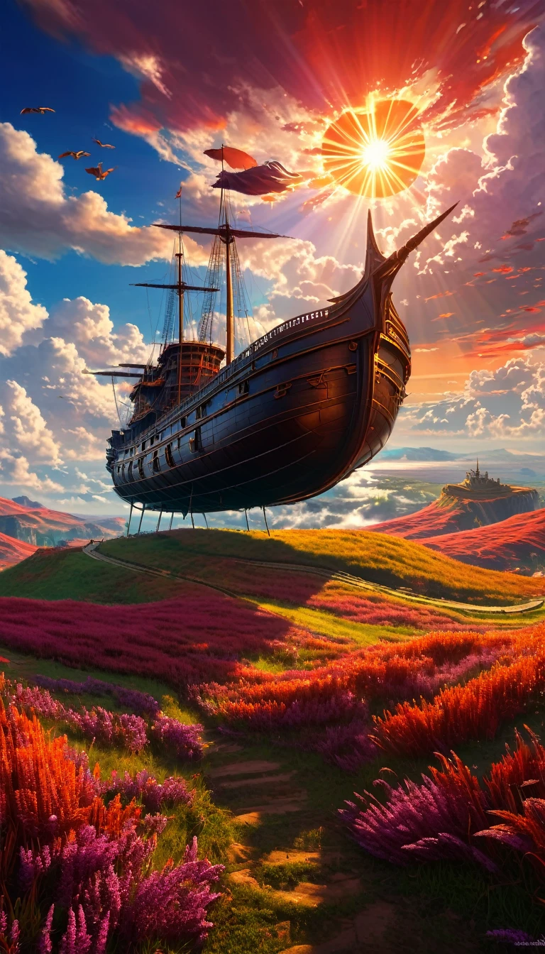 Masterpiece, high quality, 8K Ultra HD. The image shows a flying ship with a sunlight shining from the sky into it and the grassy hill, with a background of vibrant purple sky and the red and orange tones of the sun,((red grass)), 4k anime art wallpaper, Shen Che-Tsai digital art, pexels, fantastic realism, among sunlit heavenly clouds, heavenly clouds, amazing sky, 4K anime art wallpaper, anime background, wallpaper 8K anime art wallpaper, anime art wallpaper, anime landscape wallpaper, amazing wallpaper, high quality wallpaper definition, 4k anime wallpaper, 4k anime wallpaper, Aries Moross art, Bob Byerley art, AshleyWoodArtAI, greg rutkowski