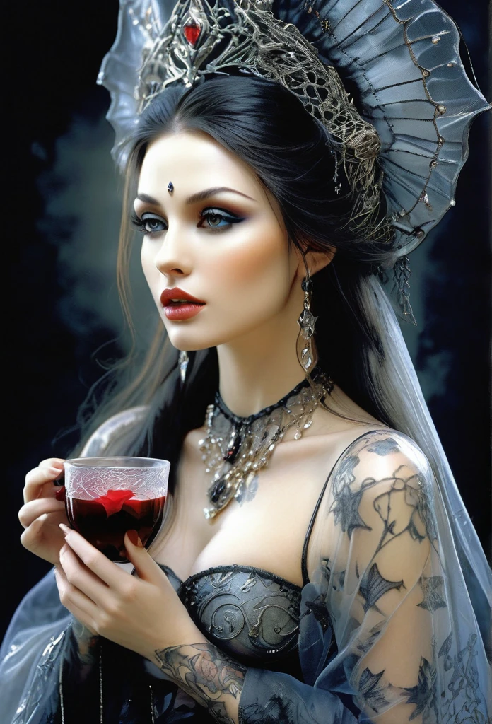 ((full body))Gorgeous witch... double exposure long,with you.A masterpiece oíl painting by luis Royo, drawn pencil art, ultra detailed, lips ultra gloss, long. wavy hair, dressed long,transculent, dressing, black cup, bacground vintage, perfect hands, hearts, rose, tattoos, fractal, filigree, glowing, shadowy, ultra quality, 3d, spoked hairstyle