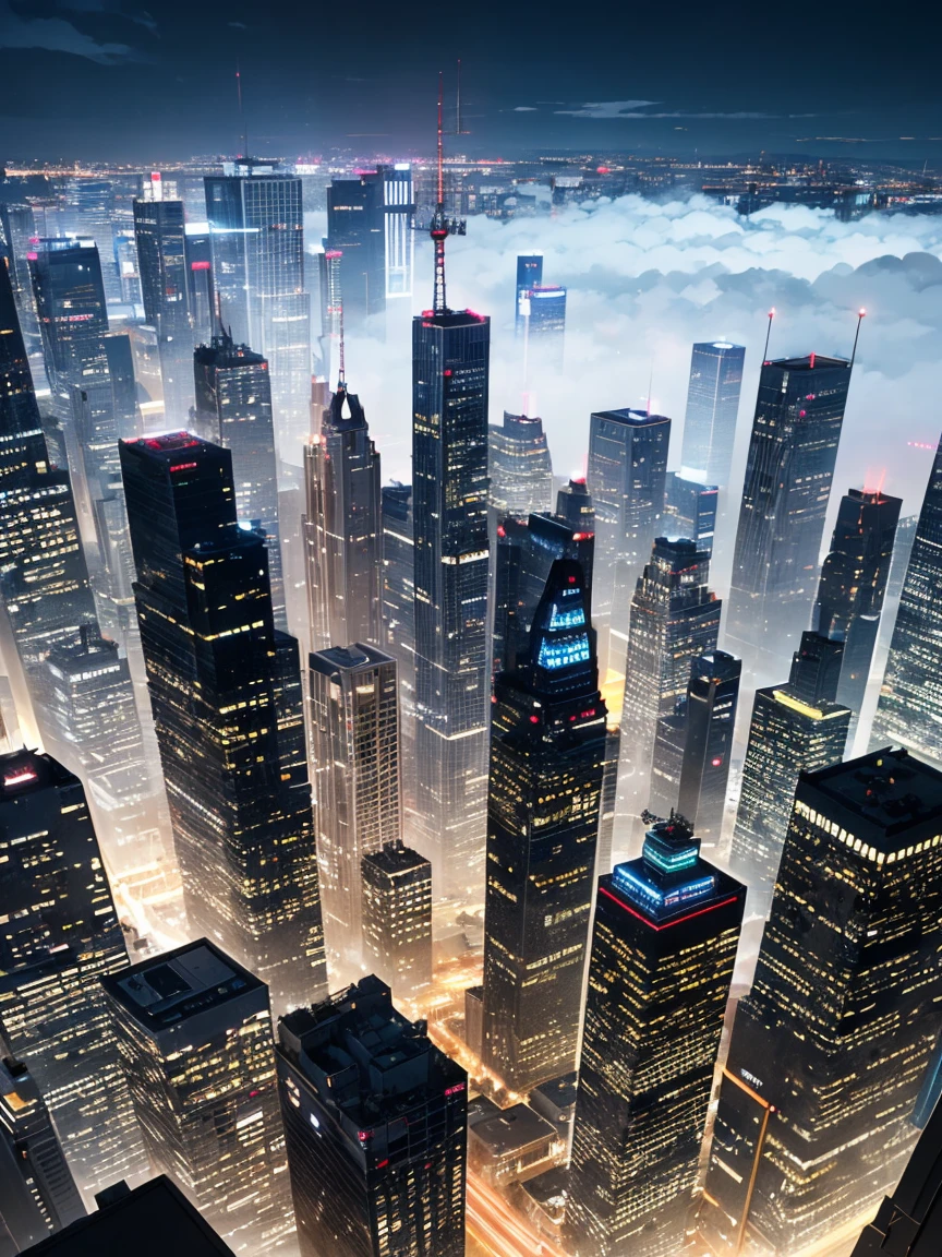 look up, Night view of skyscrapers, (Ultra-high resolution,8K),Fantasy, The world of picture books, (Highest quality), Super detailed, Outstanding Image, (Photorealistic), The fog rolls in