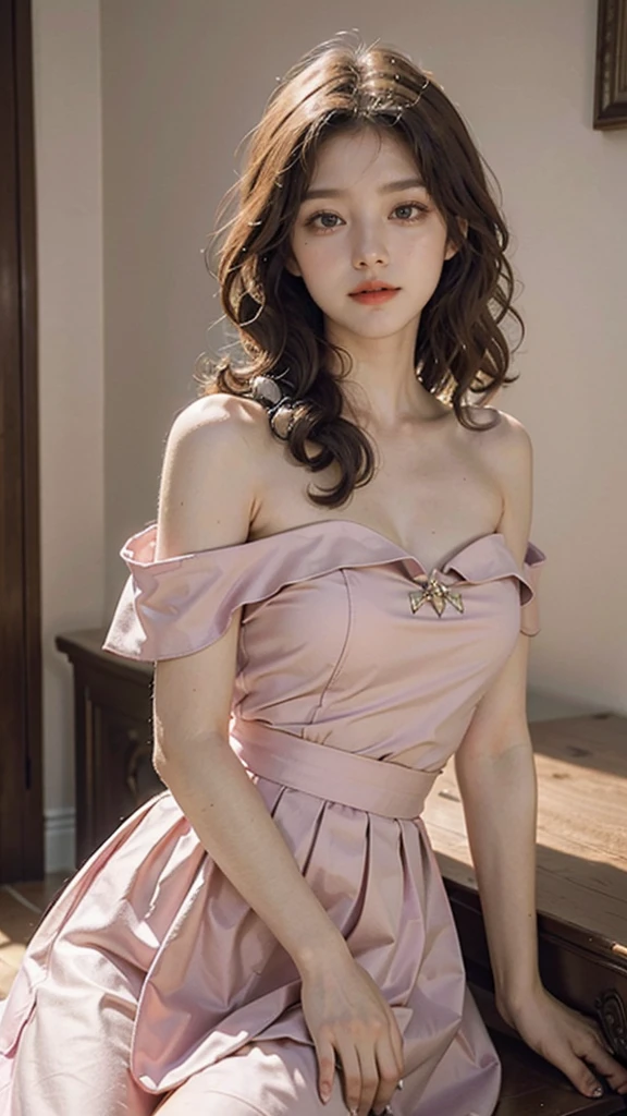 detailed background, masterpiece, best quality, 1 person , curly hair, long hair, purple eyes, star in eye , pink Strapless blouse, long skirt