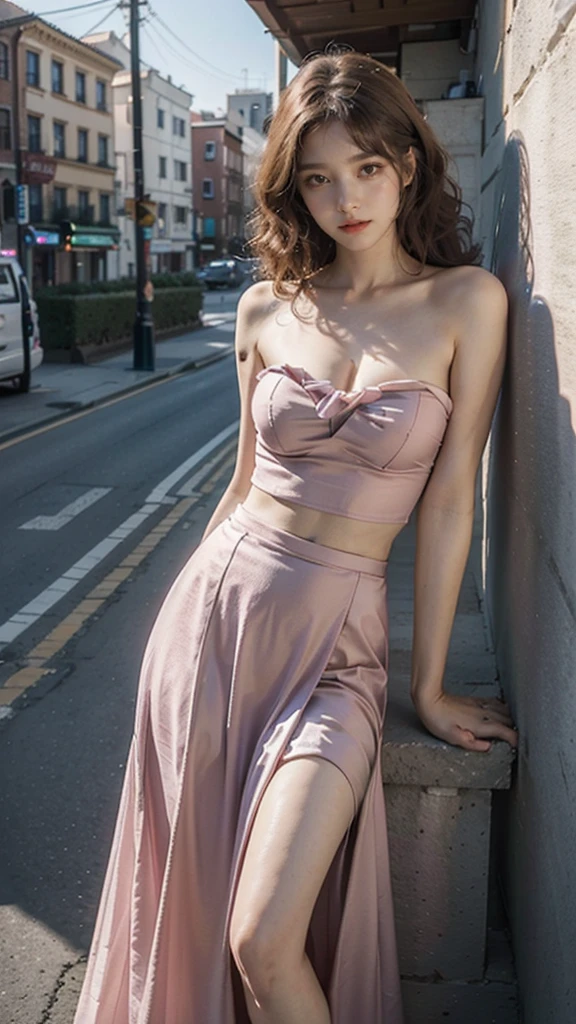 detailed background, masterpiece, best quality, 1 person , curly hair, long hair, purple eyes, star in eye , pink Strapless blouse, long  skirt