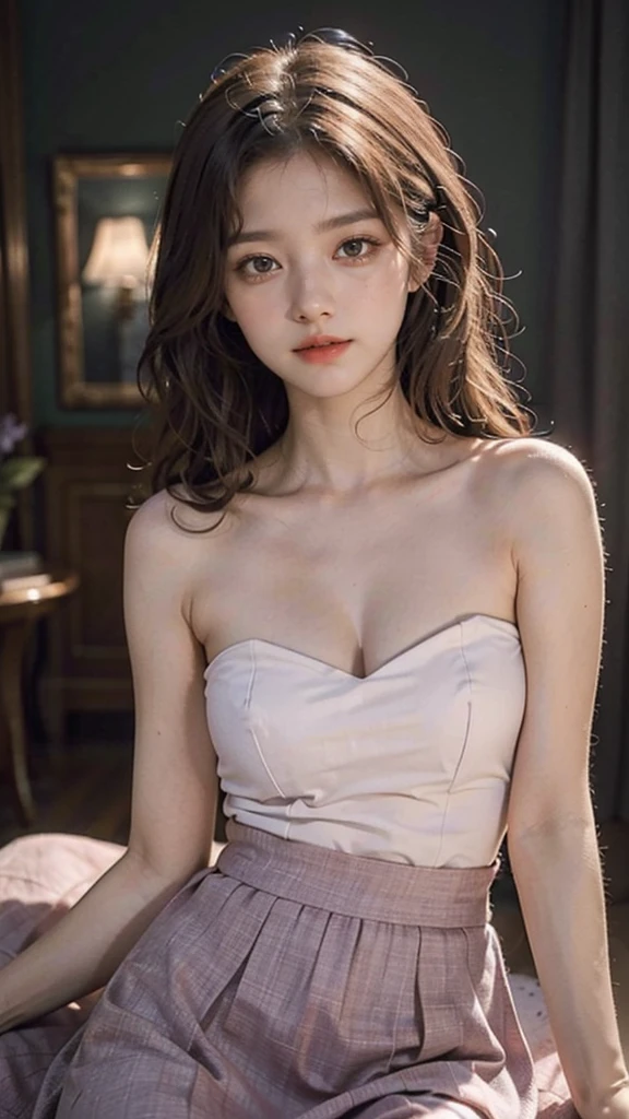 detailed background, masterpiece, best quality, 1 person , curly hair, long hair, purple eyes, star in eye , pink Strapless blouse, long skirt