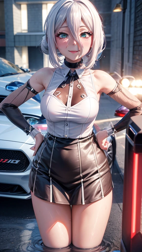 close-up of a man, standing in front of the car, in a dress, Lazurny Lane style, 3d in anime style, anime in cgi style, From the video game Azur Lane, anime waifu, Ayaka Genshin Impact, 3D anime girl, realistic anime 3D style, , 3D anime realistic, white-haired deity
