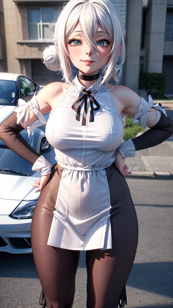 close-up of a man, standing in front of the car,  in a dress, Lazurny Lane style, 3d in anime style, anime in cgi style, From the video game Azur Lane, anime waifu, Ayaka Genshin Impact, 3D anime girl, realistic anime 3D style, , 3D anime realistic, white-haired deity