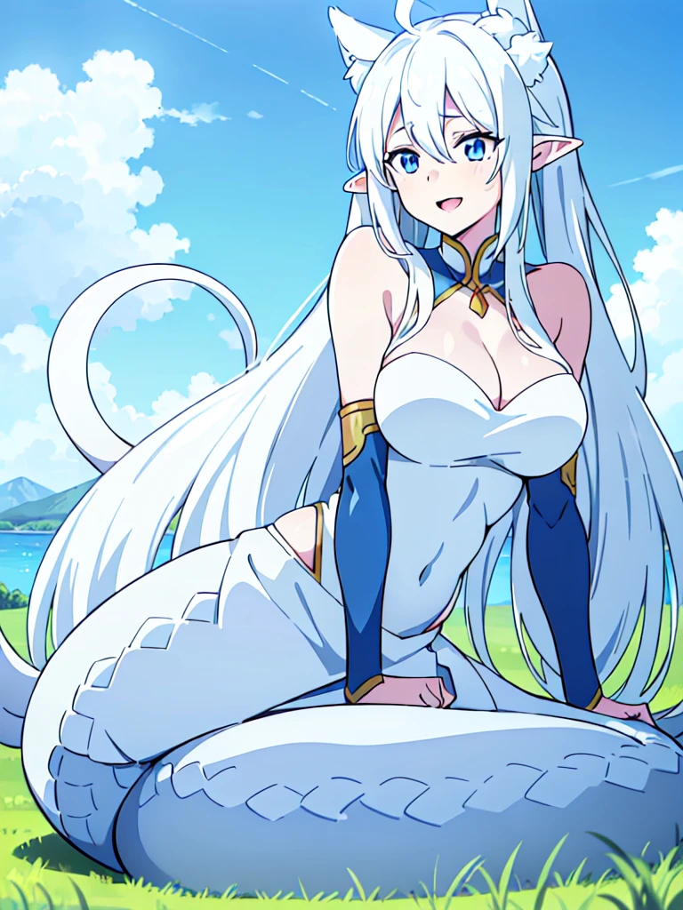 ((beautiful face)), ((masterpiece, best quality)),1girl,15s,,long hair,twintail hair,white hair,ahoge,lamia tail,((white lamia tail)),(white background),pointy ears,sleeveless,white shirt,(cleavage),blue eyes,((on the grass,blue sky,village)),open mouth,happy,smile,Close up