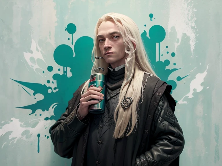 Lucius Malfoy with a can of spray paint in his hand draws graffiti on the wall of Hogwarts 