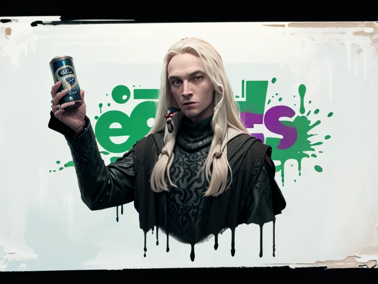 Lucius Malfoy with a can of spray paint in his hand draws graffiti on the wall of Hogwarts 