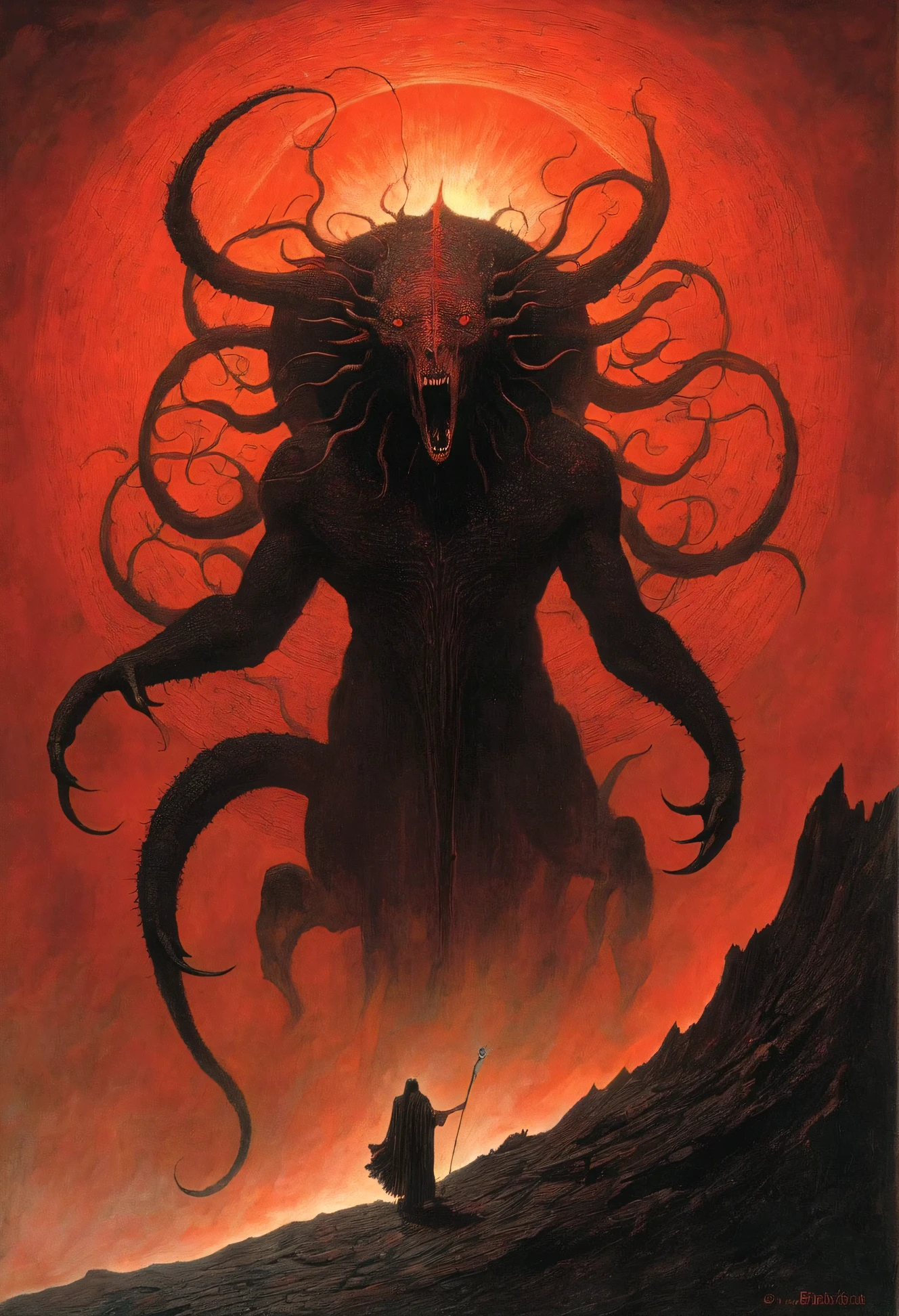 Mythical creatures, author:Zdzislaw Beksiński,Satan, Azathoth, Red/Black