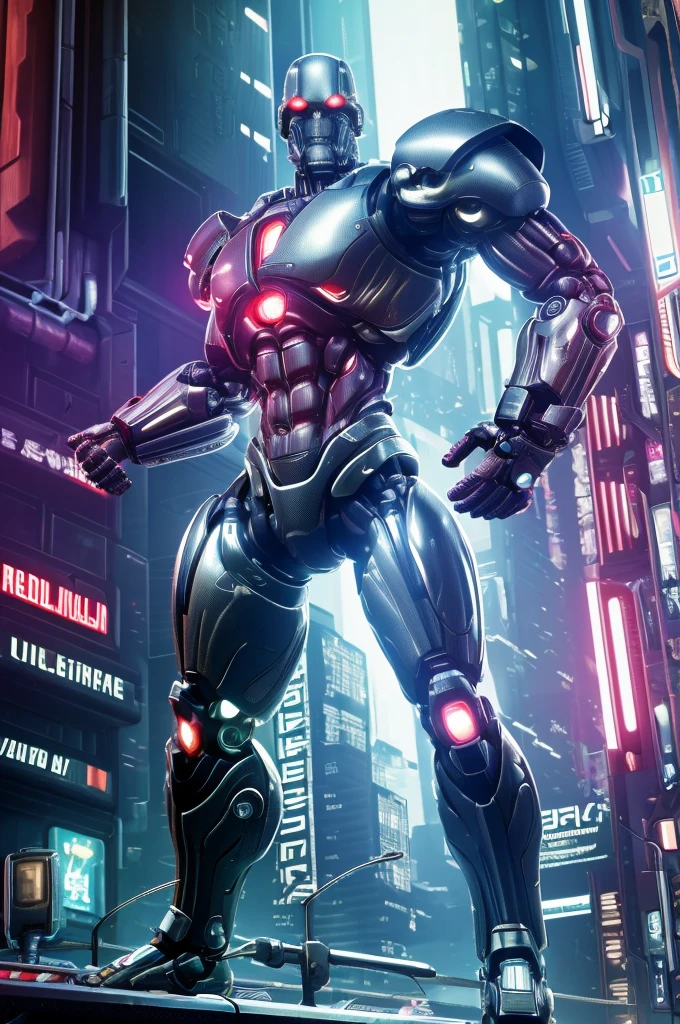 (masterpiece), best quality, detailed, imposing figure, humanoid creature, cybernetic enhancements, muscular, full body, metallic armor, organic tissue, red cybernetic eyes, advanced sensors, mechanical arms and legs, integrated weapons, urban battlefield, aggressive stance, cyberpunk, futuristic, neon lights, post-apocalyptic cityscape