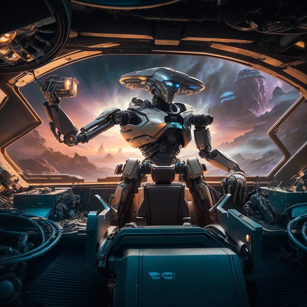 There is a robot, who stands on a spaceship and looks out the window, Promethean alien engineer, Award-winning sci-fi art, Stefan Koidl inspired, Beep and Tim Hildebrandt, Sectoid, sci-fi digital art, Portrait of a humanoid alien, inspired by Jim Burns, A sci-fi work of art, portrait of a futuristic robot, Wayne England