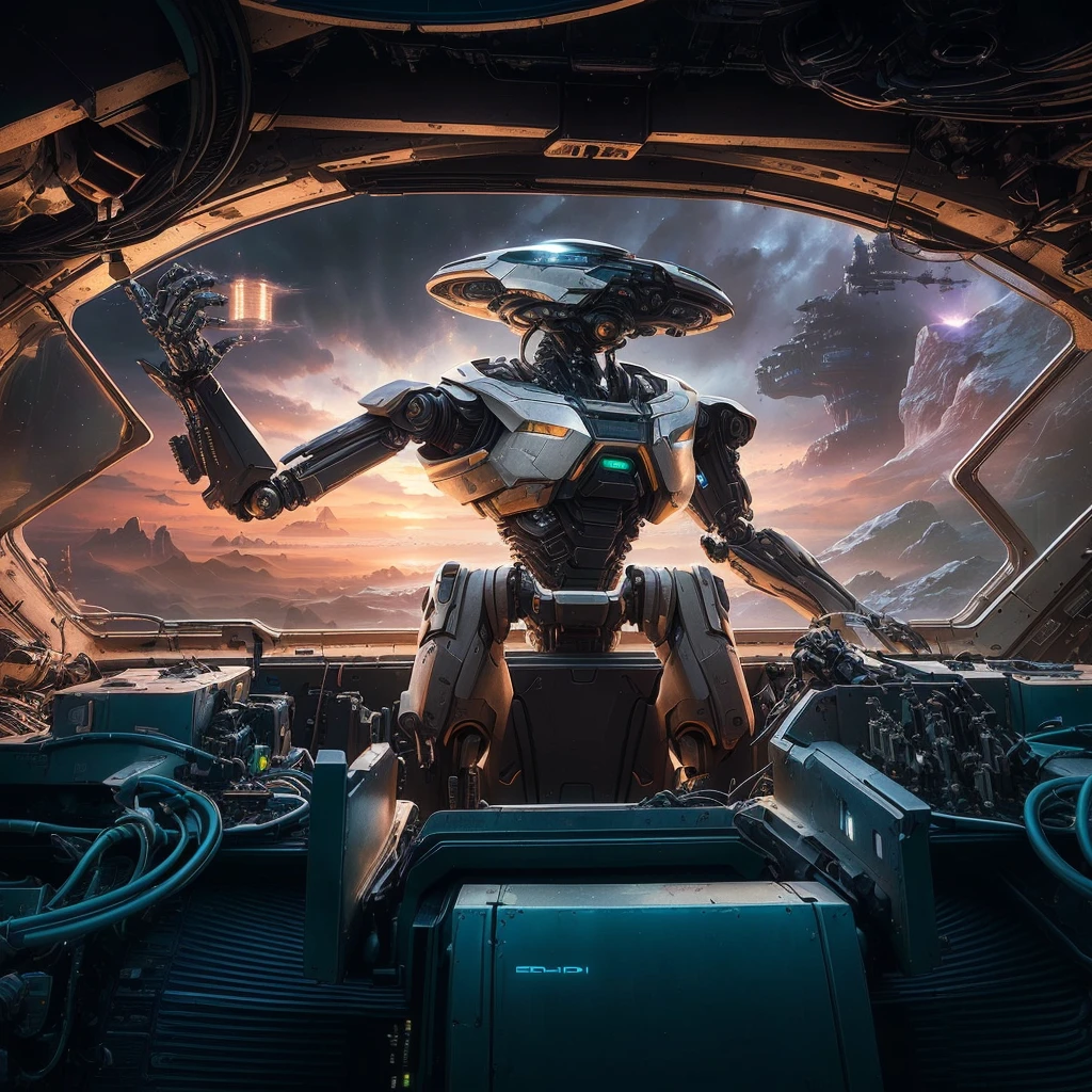 There is a robot, who stands on a spaceship and looks out the window, Promethean alien engineer, Award-winning sci-fi art, Stefan Koidl inspired, Beep and Tim Hildebrandt, Sectoid, sci-fi digital art, Portrait of a humanoid alien, inspired by Jim Burns, A sci-fi work of art, portrait of a futuristic robot, Wayne England