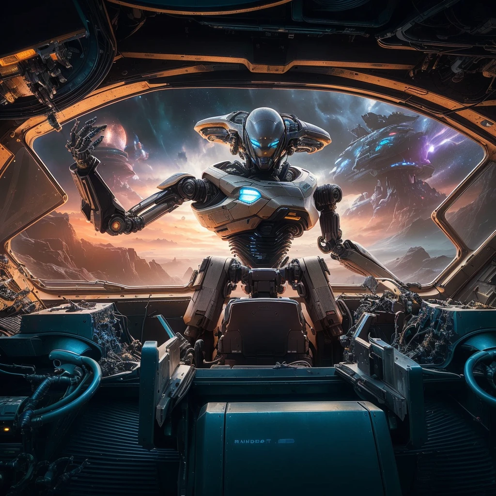 There is a robot, who stands on a spaceship and looks out the window, Promethean alien engineer, Award-winning sci-fi art, Stefan Koidl inspired, Beep and Tim Hildebrandt, Sectoid, sci-fi digital art, Portrait of a humanoid alien, inspired by Jim Burns, A sci-fi work of art, portrait of a futuristic robot, Wayne England