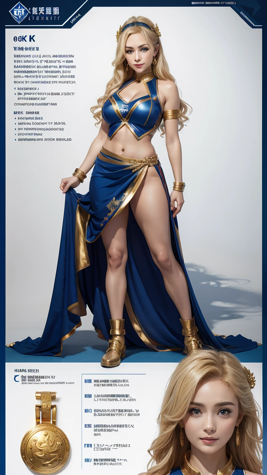 (((full body photo))) (best quality,4k,8k,highres,masterpiece:1.2),ultra-detailed, 1girl, Greek Goddess Aphrodite as a college student, yangmi, wearing a blue cheerleader uniform with gold accents, blond hair, blue eyes, chearful smile on her face, HDR, 8k, absurdres, cinestill 800, sharp focus ((Masterpiece, best quality) detailed, character sheet, many items (+ detailed item description, many parts), + character description, full of details.) concept-art, reference sheet