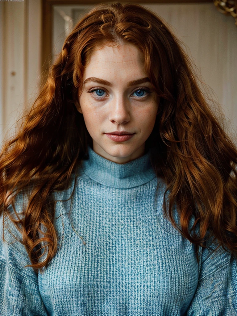 The most beautiful close, upper body portrait photo of a young, tall, beautiful happy ginger woman with long wavy ginger hair, beautiful blue eyes, cute freckles, in an elegant sweater