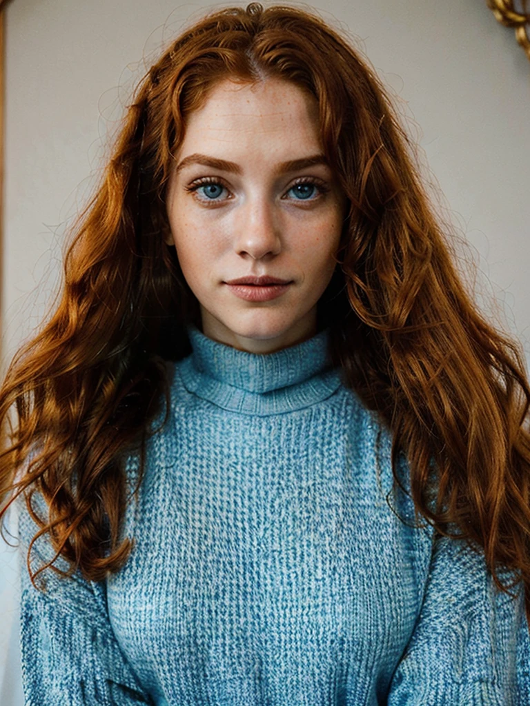 The most beautiful close, upper body portrait photo of a young, tall, beautiful happy ginger woman with long wavy ginger hair, beautiful blue eyes, cute freckles, in an elegant sweater