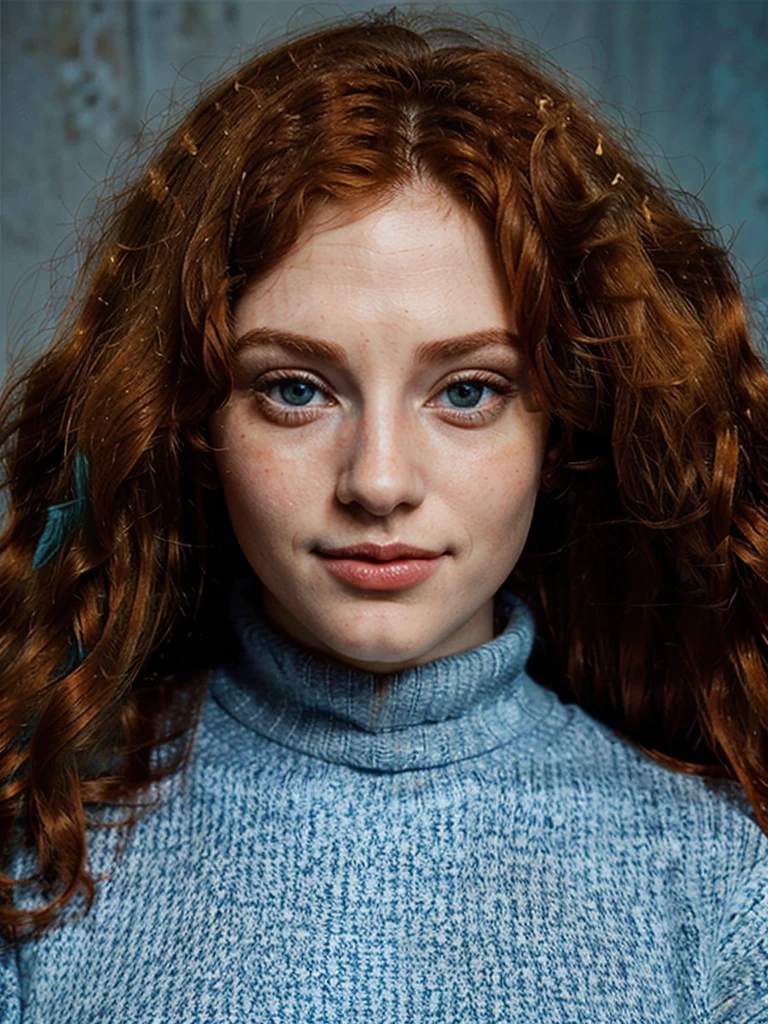 The most beautiful close, upper body portrait photo of a young, tall, beautiful happy ginger woman with long wavy ginger hair, beautiful blue eyes, cute freckles, in an elegant sweater