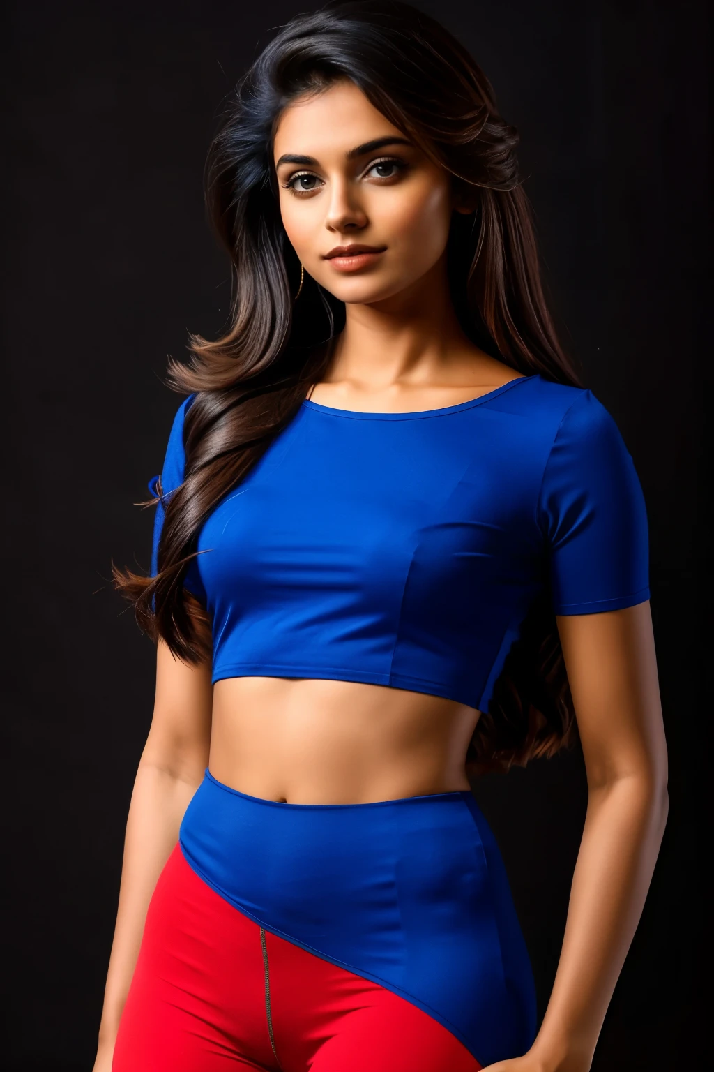 Portrait of indian cute short model, (( red blue )) ((churidar))wearing a Indian model, black background, flowing long hair, bulky model, d size blouse, leggings