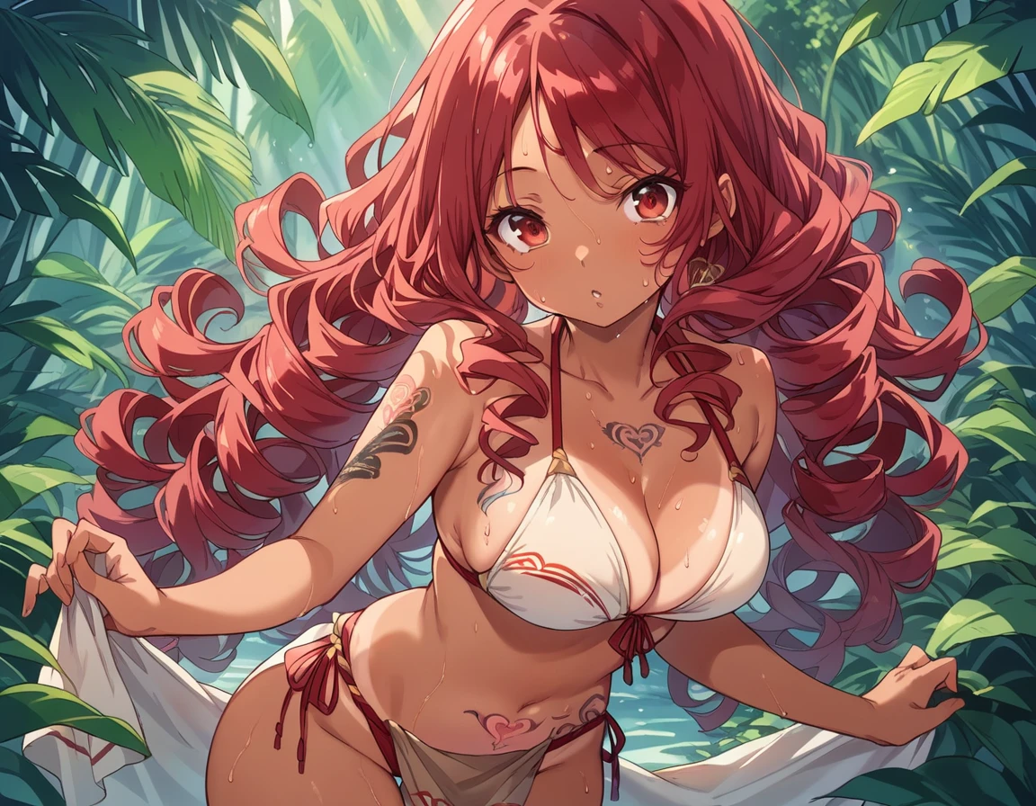 BREAK Perfect Anatomy、(High resolution:1.2)、Incredible illustrations、(Cute illustrations:1.2)、(nsfw) (Beautiful background(tropical rainforest, strong sunlight)) 1 girl(Red hair, long curly hair, red eyes,tattoos,sweat:2.5 ,tan skin:1.5)(cloth bikini)(glare, hostility)