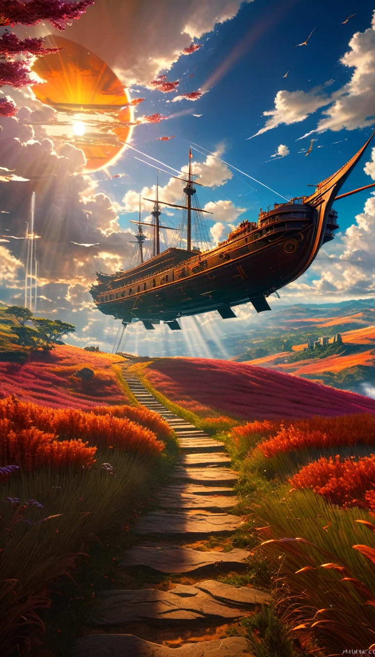 Masterpiece, high quality, 8K Ultra HD. The image shows a flying ship with a sunlight shining from the sky into it and the grassy hill, with a background of vibrant purple sky and the red and orange tones of the sun,((red grass)), 4k anime art wallpaper, Shen Che-Tsai digital art, pexels, fantastic realism, among sunlit heavenly clouds, heavenly clouds, amazing sky, 4K anime art wallpaper, anime background, wallpaper 8K anime art wallpaper, anime art wallpaper, anime landscape wallpaper, amazing wallpaper, high quality wallpaper definition, 4k anime wallpaper, 4k anime wallpaper, Aries Moross art, Bob Byerley art, AshleyWoodArtAI, greg rutkowski