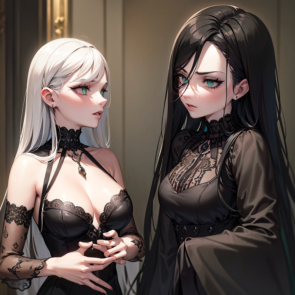 a girl with long black hair, shaved sides, green eyes, gothic style, beautiful detailed eyes, beautiful detailed lips, extremely detailed eyes and face, long eyelashes, dark makeup, black choker, black lace dress, silver chains, dark moody atmosphere, dramatic lighting, cinematic, dark fantasy, dramatic, chiaroscuro, moody colors, deep shadows, dramatic poses