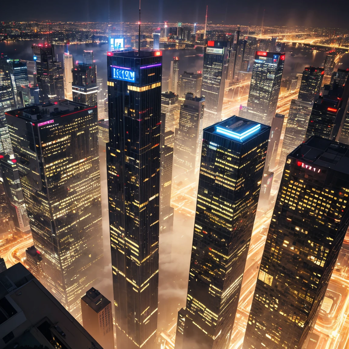 Angle from the ground, Night view of skyscrapers, (Ultra-high resolution,8K),Fantasy, The world of picture books, (Highest quality), Super detailed, Outstanding Image, (Photorealistic), The fog rolls in
