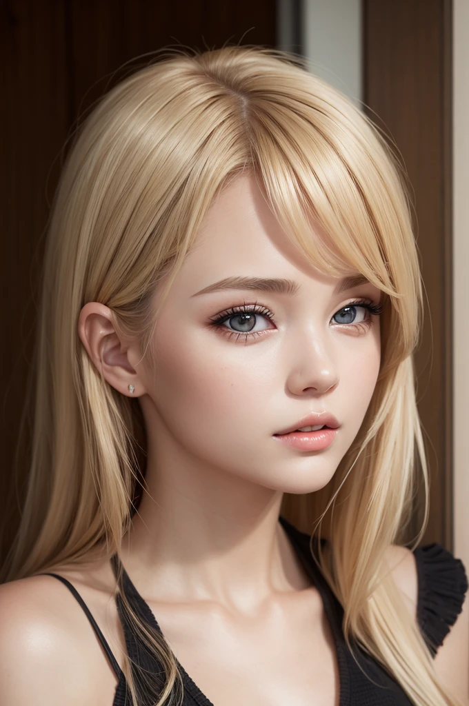 Make photo of uka young blonde woman with brown eyes realistic
