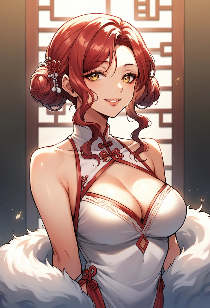 score_9, score_8_up, score_7_up, score_6_up, score_5_up, score_4_up, yu hee, elegant, hanfu, traditional dress, Chinese women's folk costume, smiling, hair in a bun, red hair, golden eyes, beautiful eyes, wavy hair, detailed face, shiny lips,