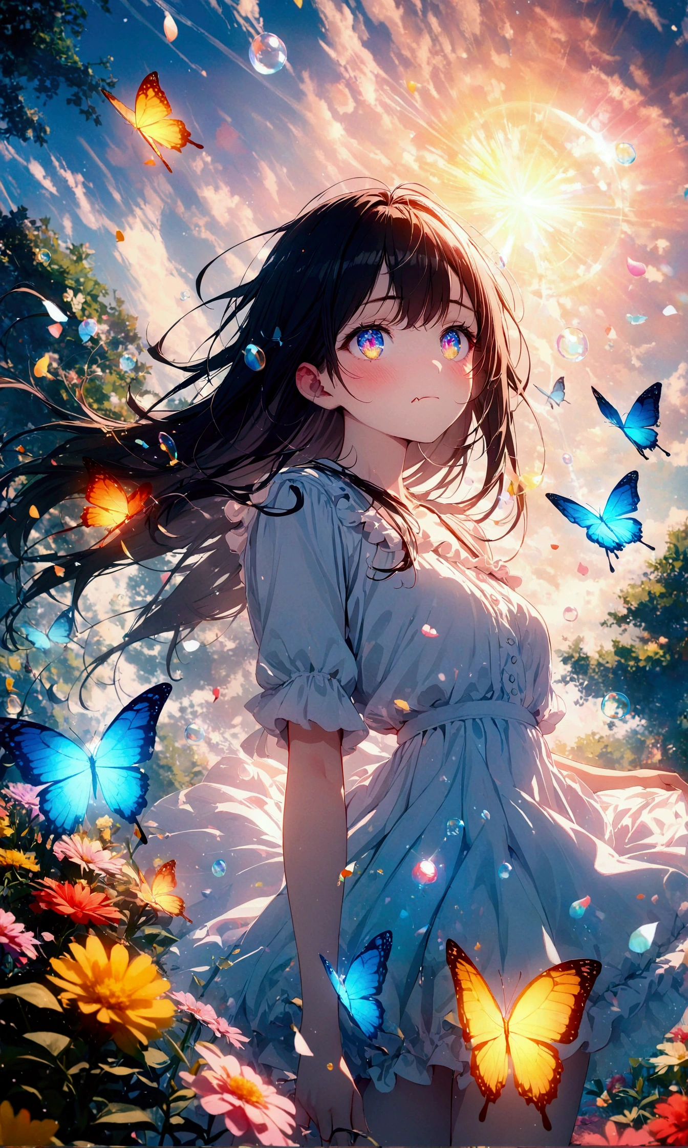 (woman\(student, 15 years old, ＪＫ, Long Hair, Colorful eyes, Pale skin，) Looking up at the sky), (Many butterflies flying in the sky), Beautiful sky, summer，Colorful flowers are blooming everywhere, (Sparkling bubbles in the sky) ,quality\(8K,CG wallpaper, masterpiece,High resolution,top-quality,Surrealism,Increased resolution,RAW Photos,Best quality,Very detailed,Light,Ray Tracing,Golden Ratio),black hair, longeyelashes, solid circle eyes, fake animal ears, ear blush, fang, furrowed brow, annoyed, drop shadow, anaglyph, stereogram, tachi-e, ass pov, atmospheric perspective, アニメ, 8K, super detail, best quality, uhd, textured skin, super detail, 8K