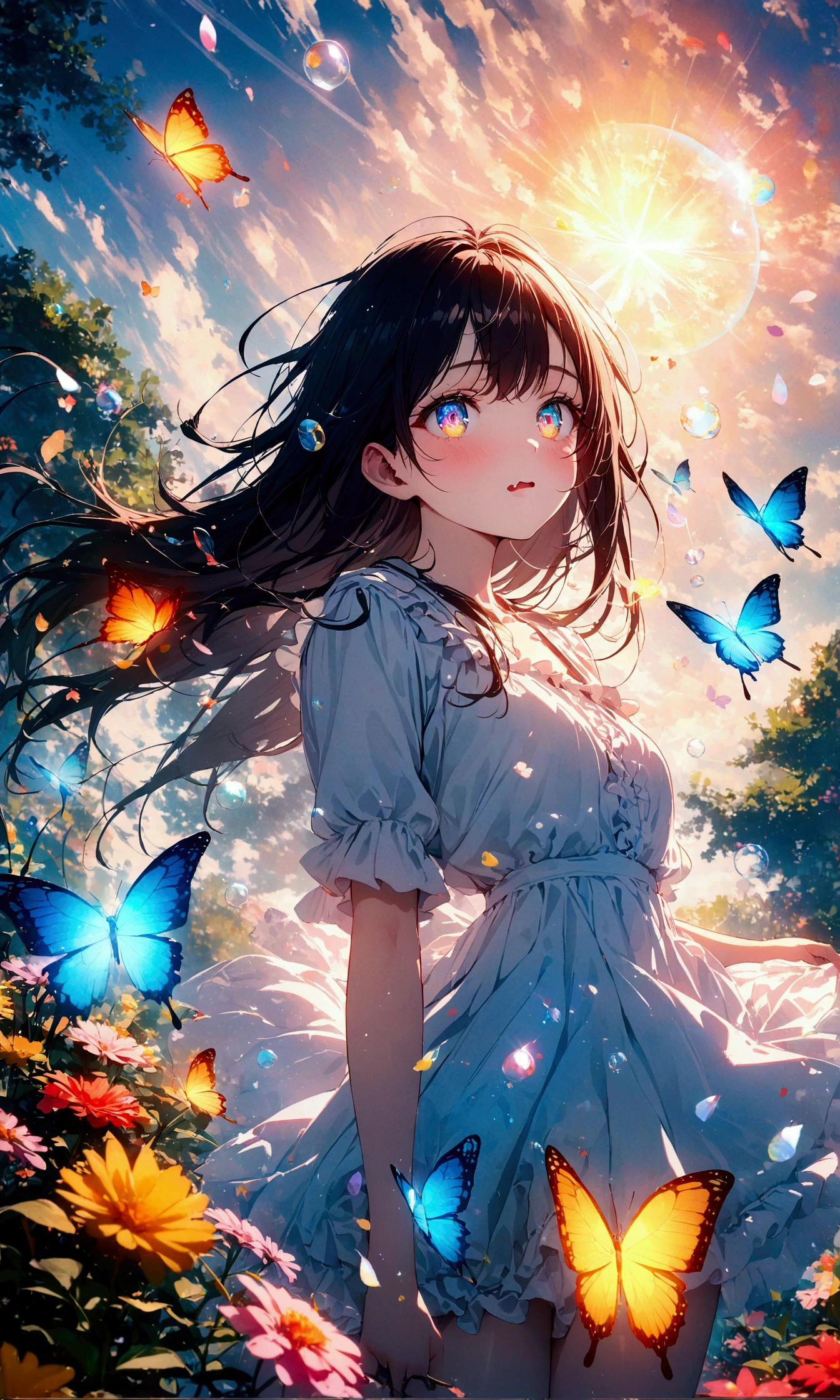 (woman\(student, 15 years old, ＪＫ, Long Hair, Colorful eyes, Pale skin，) Looking up at the sky), (Many butterflies flying in the sky), Beautiful sky, summer，Colorful flowers are blooming everywhere, (Sparkling bubbles in the sky) ,quality\(8K,CG wallpaper, masterpiece,High resolution,top-quality,Surrealism,Increased resolution,RAW Photos,Best quality,Very detailed,Light,Ray Tracing,Golden Ratio),black hair, longeyelashes, solid circle eyes, fake animal ears, ear blush, fang, furrowed brow, annoyed, drop shadow, anaglyph, stereogram, tachi-e, ass pov, atmospheric perspective, アニメ, 8K, super detail, best quality, uhd, textured skin, super detail, 8K