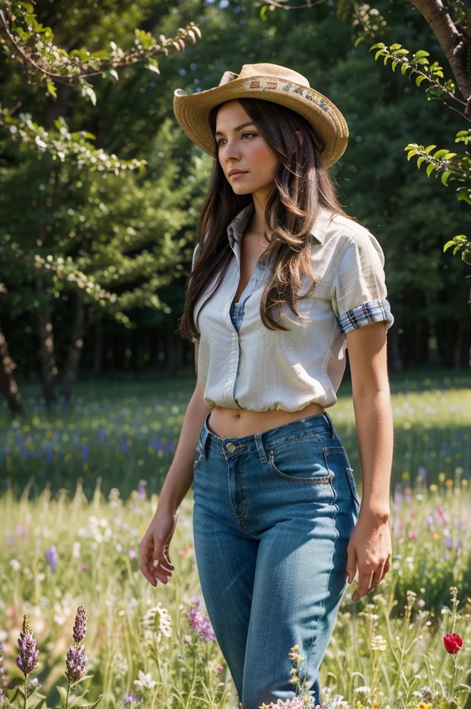 a beautiful brunette country girl, short jeans, cowgirl, plaid shirt, no hat, cowgirl boots, standing in a field of flowers, sunlight streaming through the trees, photorealistic, highly detailed, 8k, masterpiece, natural lighting, vibrant colors, cinematic composition