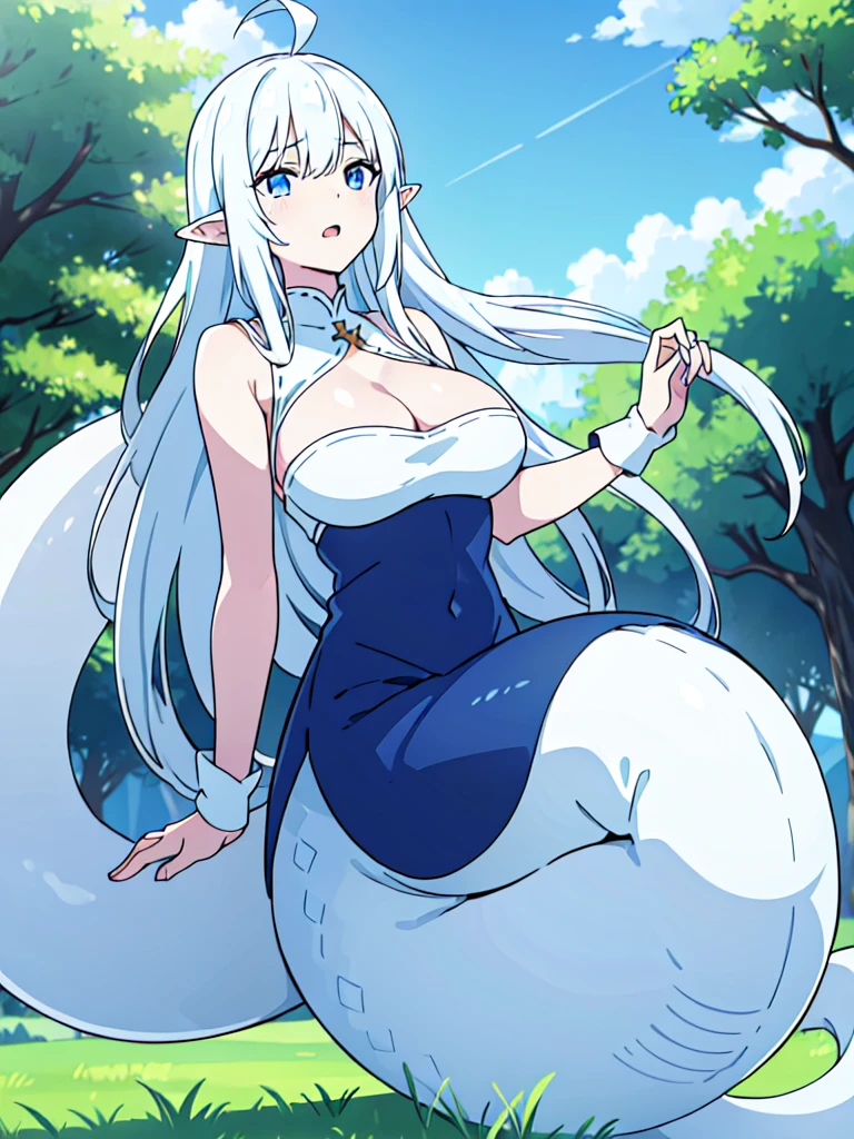 ((beautiful face)), ((masterpiece, best quality)),1girl,s,teen,long hair,twintail,white hair,ahoge,lamia tail,((white lamia tail)),(white background),pointy ears,sleeveless,white shirt,(cleavage),blue eyes,((on the grass,blue sky,village)),open mouth,Close up,looking up,from below