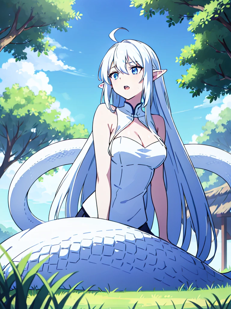 ((beautiful face)), ((masterpiece, best quality)),1girl,15s,teen,long hair,twintail,white hair,ahoge,lamia tail,((white lamia tail)),(white background),pointy ears,sleeveless,white shirt,(cleavage),blue eyes,((on the grass,blue sky,village)),open mouth,Close up,looking up,from below