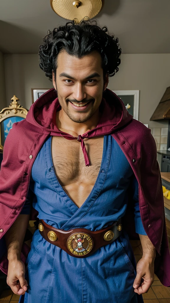 Mr. Satan,1 young boy, standing alone,cowboy shot, Bblack hair,blue eyed dougi),brown championship belt,yellow pants,(red cloak),pretentious smile, flexion,gazing at viewer,whisker,afro, academy, Inside the house,,gazing at viewer,hair on the chest,muscular male,(best qualityer, work of art)