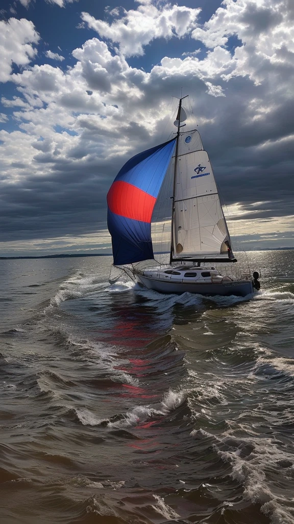 Maximum image quality, there is a sailboat with a red and blue sail, The candle has a yellow pentagonal star in the red part, In water, the May candle is smooth and whole white, photo taken from very far away, Treading in very very very very turbulent waters, There is a storm and a lot of swell and big waves, the sailboat goes very very fast, dejando estela In water, He's on an old sailboat, torn Cloth, Cloth, hay rayos loares que salen de las nubes y se reflejan In water, captured on iphone, Seen in Profile from very far away, in the arch, taken on iphone 14 pro, shot from very far away