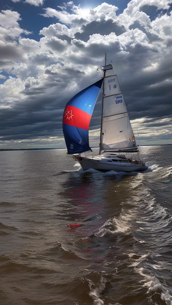 Maximum image quality, there is a sailboat with a red and blue sail, The candle has a yellow pentagonal star in the red part, In water, the May candle is smooth and whole white, photo taken from very far away, Treading in very very very very turbulent waters, There is a storm and a lot of swell and big waves, the sailboat goes very very fast, dejando estela In water, He&#39;s on an old sailboat, torn Cloth, Cloth, hay rayos loares que salen de las nubes y se reflejan In water, captured on iphone, Seen in Profile from very far away, in the arch, taken on iphone  pro, shot from very far away