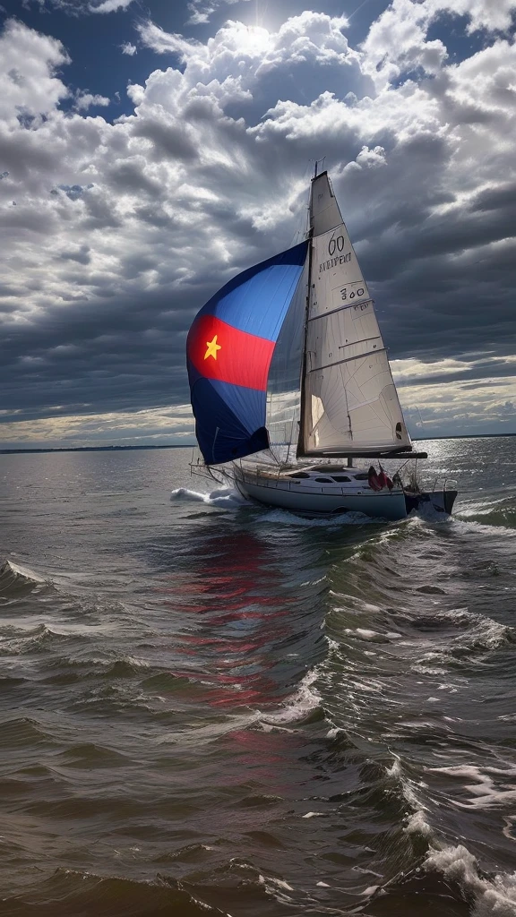 Maximum image quality, there is a sailboat with a red and blue sail, The candle has a yellow pentagonal star in the red part, In water, the May candle is smooth and whole white, photo taken from very far away, Treading in very very very very turbulent waters, There is a storm and a lot of swell and big waves, the sailboat goes very very fast, dejando estela In water, He's on an old sailboat, torn Cloth, Cloth, hay rayos loares que salen de las nubes y se reflejan In water, captured on iphone, Seen in Profile from very far away, in the arch, taken on iphone 14 pro, shot from very far away