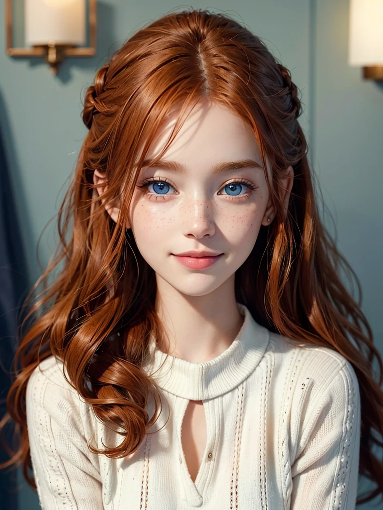 The most beautiful close, upper body portrait photo of a young, norwegian beautiful happy ginger woman with long wavy ginger hair, beautiful blue eyes, cute freckles, smiling in an elegant sweater
