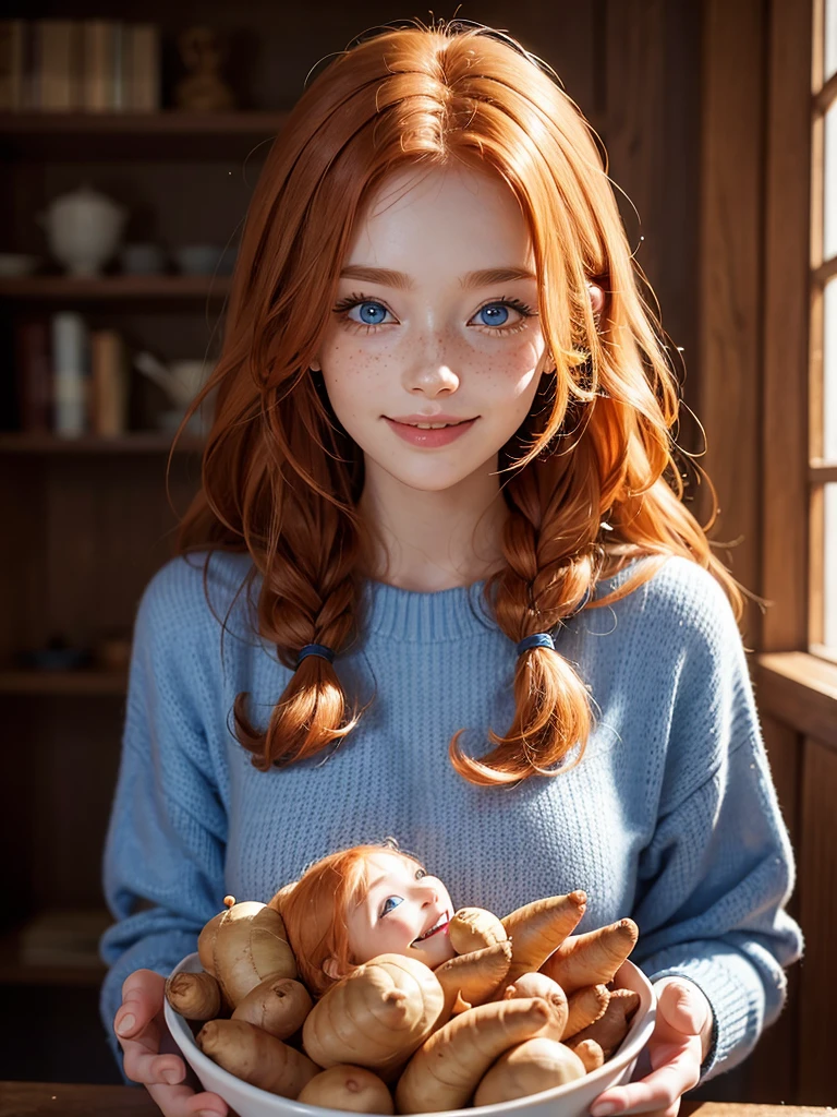 The most beautiful close, upper body portrait photo of a young, norwegian beautiful happy ginger woman with long wavy ginger hair, beautiful blue eyes, cute freckles, smiling in an elegant sweater