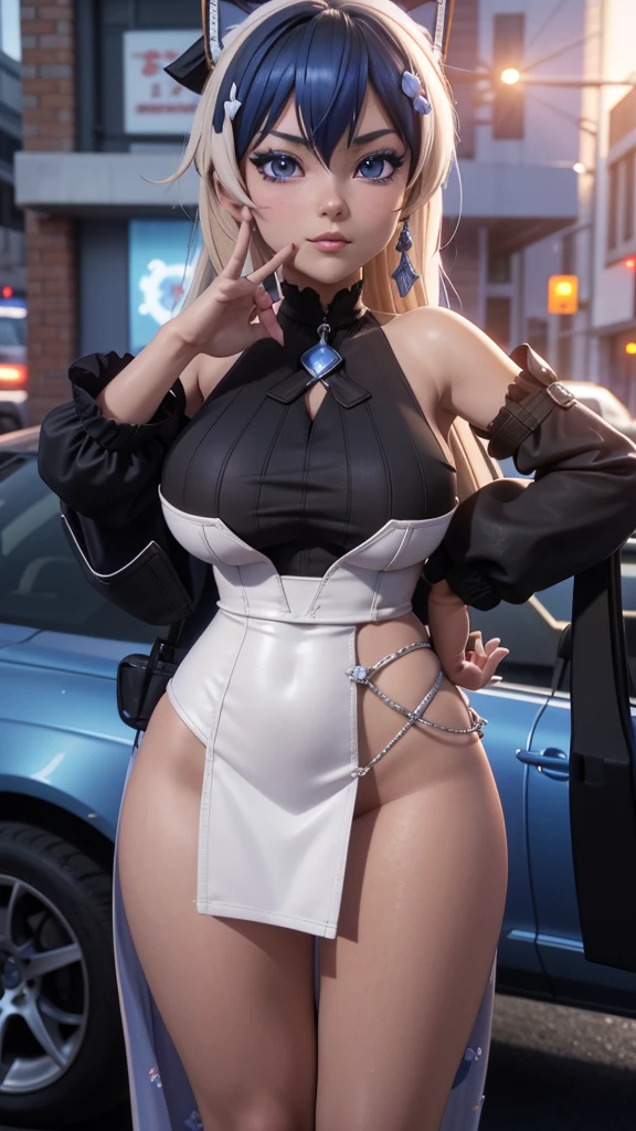 close-up of a man, standing in front of the car,  in a dress, Lazurny Lane style, 3d in anime style, anime in cgi style, From the video game Azur Lane, anime waifu, Ayaka Genshin Impact, 3D anime girl, realistic anime 3D style, , 3D anime realistic, white-haired deity